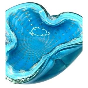 Vintage 1961 Blue Alfredo Barbini Murano Crimped Bullicante Swirl Ashtray Bowl